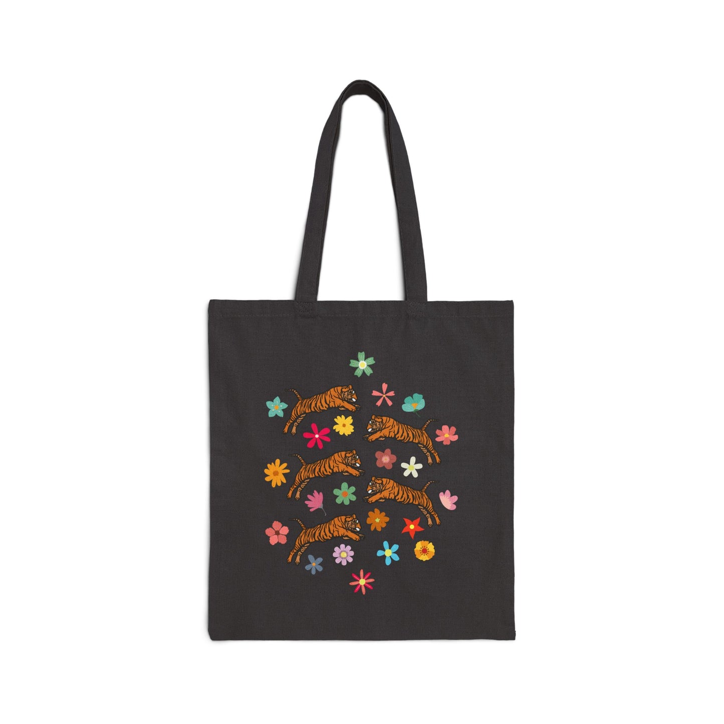 Flower Frolicking Tigers Cotton Canvas Tote Bag