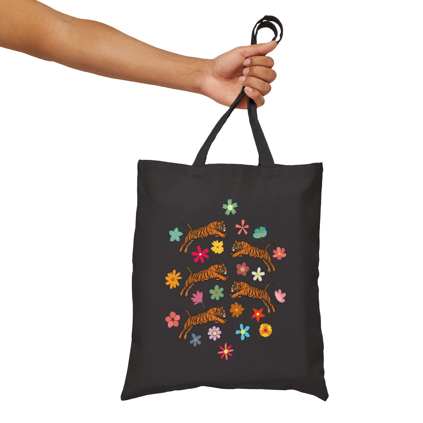 Flower Frolicking Tigers Cotton Canvas Tote Bag