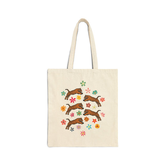 Flower Frolicking Tigers Cotton Canvas Tote Bag